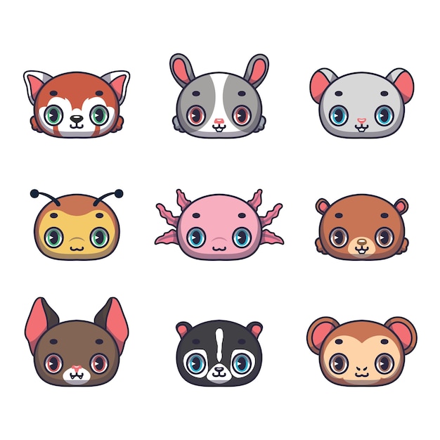 Colección de nueve animales, incluido el panda rojo, el conejo, el ratón, la abeja, el ajolote, el oso, el murciélago, el mono zorrillo.