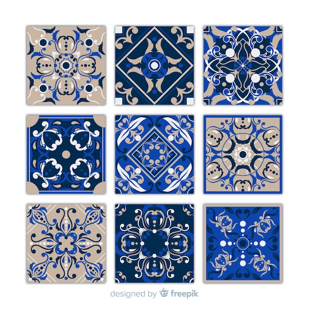 Colección de nueve azulejos azules