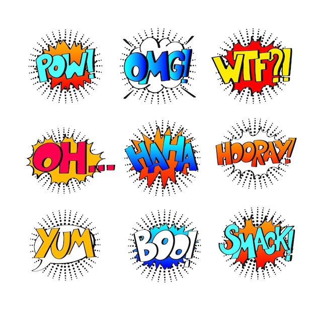 Colección de nueve efectos de sonido cómicos multicolores en forma de burbuja de estilo pop art con conjunto de palabras