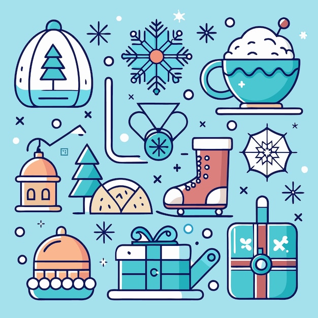 Una colección de nueve iconos navideños festivos en un estilo de arte de línea minimalista sobre un fondo azul