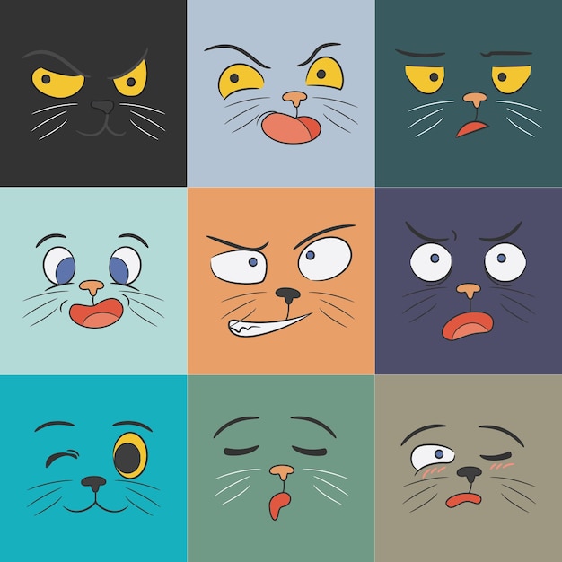 Vector una colección de nueve ilustraciones expresión de gato lindo con gato negro