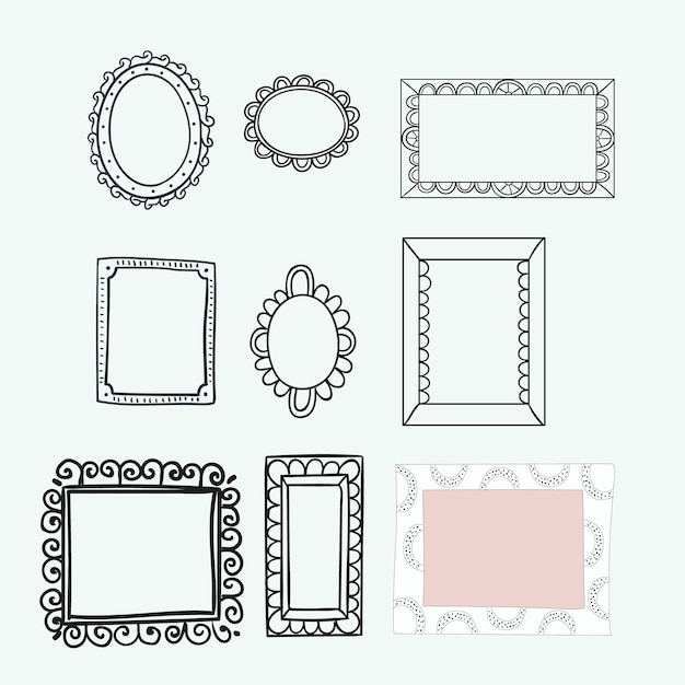 Una colección de nueve marcos decorativos dibujados a mano en varios estilos perfectos para mejorar la invitación