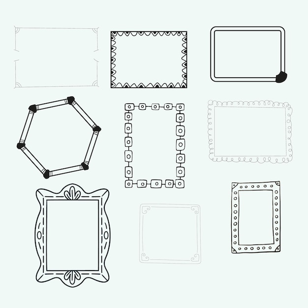 Una colección de nueve marcos decorativos dibujados a mano en varios estilos perfectos para mejorar la invitación