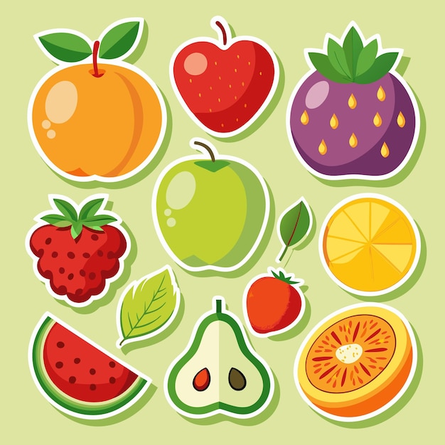Una colección de nueve pegatinas de dibujos animados con diferentes frutas como manzana naranja pera melocotón fresa y una hoja