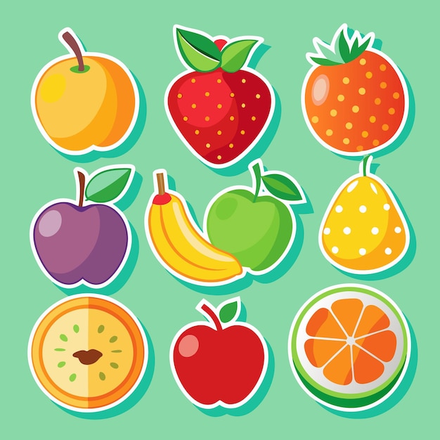 Una colección de nueve pegatinas de frutas coloridas que incluyen una manzana, fresa, tomate, ciruela, pluma, plátano, manzana, pera, kiwi y una rodaja de naranja