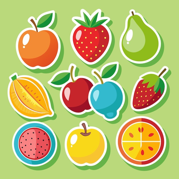 Una colección de nueve pegatinas con varias frutas en estilo de diseño plano cada una con una sombra debajo y un fondo verde