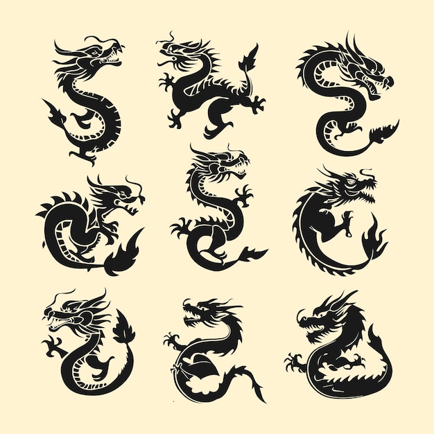 Colección de nueve siluetas tradicionales de dragones asiáticos en negro