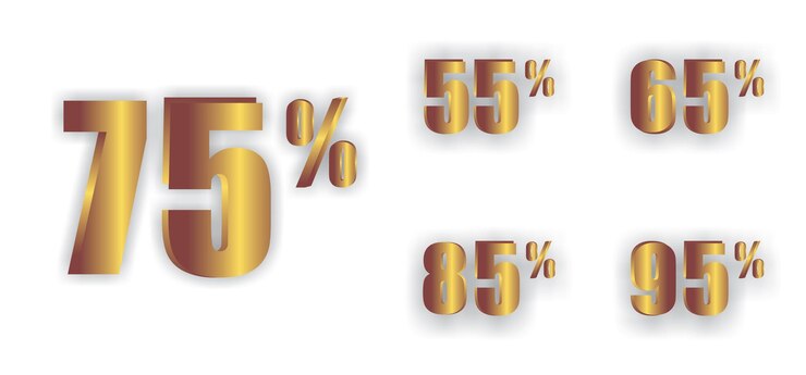 Vector colección de números de descuento de oro brillante por ciento de descuento aislado sobre fondo blanco con reflejo