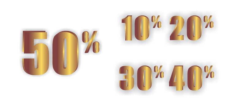Vector colección de números de descuento de oro brillante por ciento de descuento aislado sobre fondo blanco con reflejo