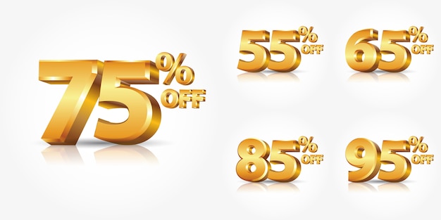 Colección de números de descuento de oro brillante por ciento de descuento aislado sobre fondo blanco con reflexión, o publicidad de venta de descuento de promoción