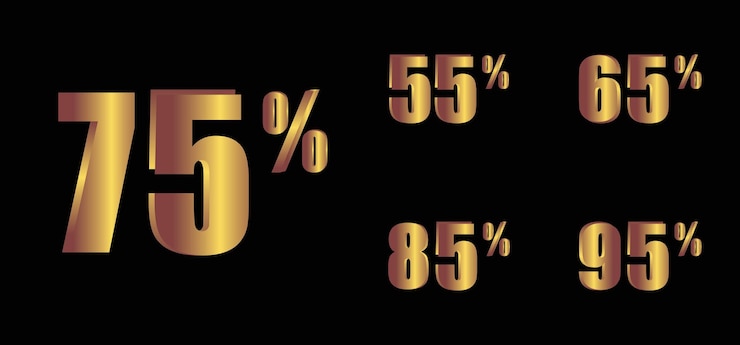 Vector colección de números de descuento de oro brillante por ciento de descuento aislado sobre fondo negro con reflejo