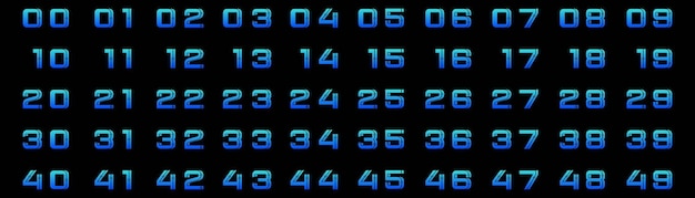 colección de números digitales del 1 al 50 con color de gradiente azul sobre fondo negro