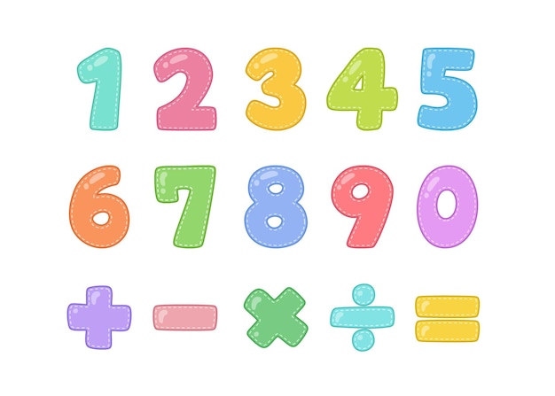 Vector colección de números lindos y divertidos diseño de números coloridos dibujados a mano con líneas punteadas y brillo