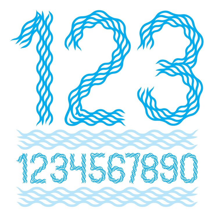 Vector colección de números modernos vectoriales hecha con líneas de onda de ritmo que fluyen abstractas, para usar como elementos de diseño de afiches