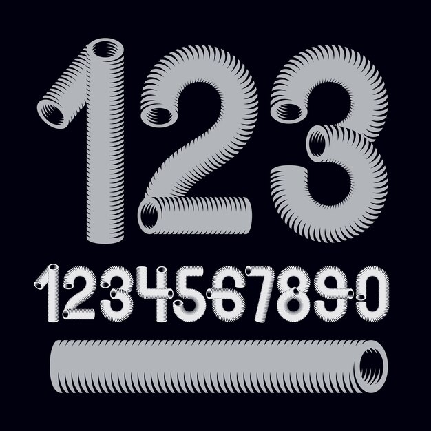 Colección de números vectoriales de moda. Los números funky modernos del 0 al 9 son los mejores para usar en la creación de logotipos y carteles. Creado utilizando el estilo de tubería de vacío dimensional.