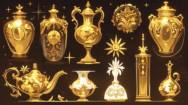 Vector colección de objetos antiguos de bronce brillantes con detalles grabados