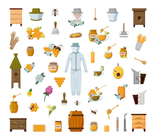 Colección de objetos apícolas. Ilustración de vector de una granja de abejas.