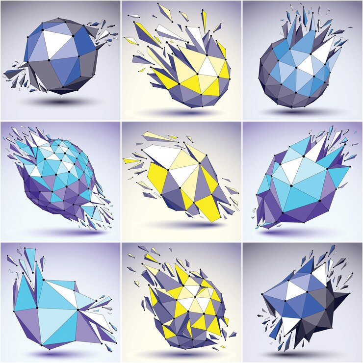 Vector colección de objetos azules y amarillos de estructura alámbrica digital vectorial 3d divididos en diferentes partículas, estructuras poligonales geométricas con malla de líneas. formas destrozadas de polietileno bajo, formas fractales de celosía.