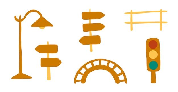 Colección de objetos de la calle con poste de señalización del puente de la cerca del semáforo. ilustración vectorial