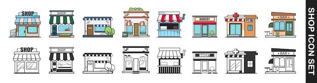 Colección de objetos de la ciudad Conjunto de edificios de tiendas Conjunto de iconos de tiendas y edificios Ilustración vectorial