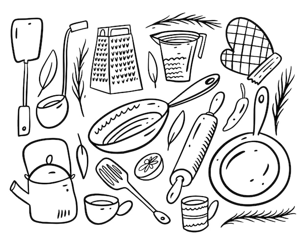 Colección de objetos de cocina. Dibujar a mano estilo de dibujos animados. Tinta negra. Aislado.