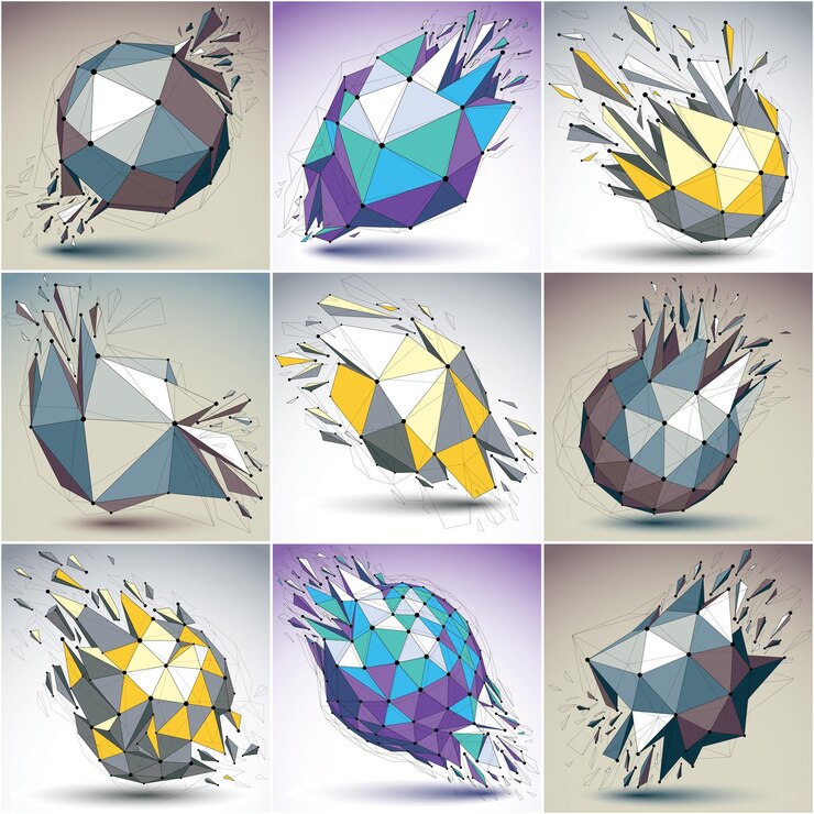 Vector colección de objetos coloridos de estructura alámbrica digital vectorial 3d divididos en diferentes partículas, estructuras poligonales geométricas con malla de líneas. formas destrozadas de baja poli, formas fractales con hilo.