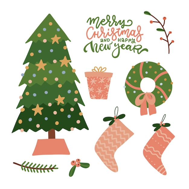 Colección de objetos de decoración navideña feliz año nuevo elementos lindos de vacaciones guirnalda de árbol de navidad soc ...