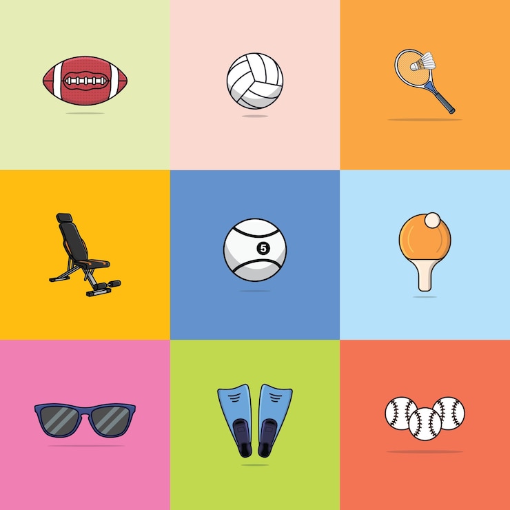 Vector colección de objetos deportivos con diseño vectorial de coloración concepto de icono de objeto deportivo conjunto de iconos deportivos