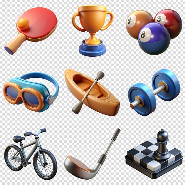 Colección de objetos deportivos, incluida la raqueta de tenis de mesa, la copa del ganador, la canoa, el ajedrez, el club de golf, la barra.