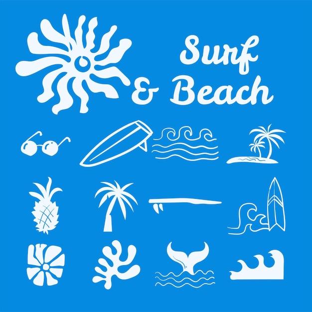 Colección de objetos dibujados a mano de olas de surf y playa