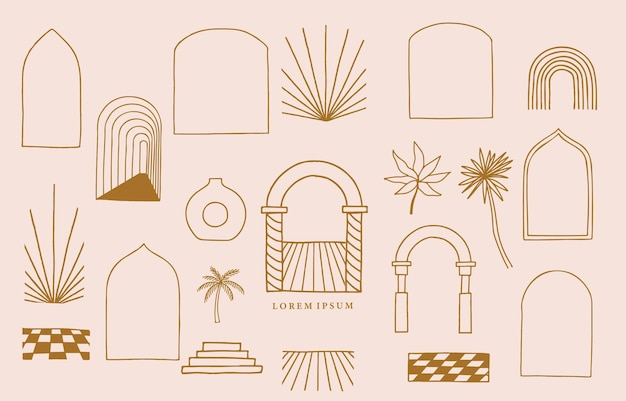 Colección de objetos de diseño de línea con nauturedoorbuildingIlustración vectorial editable para icono de redes sociales