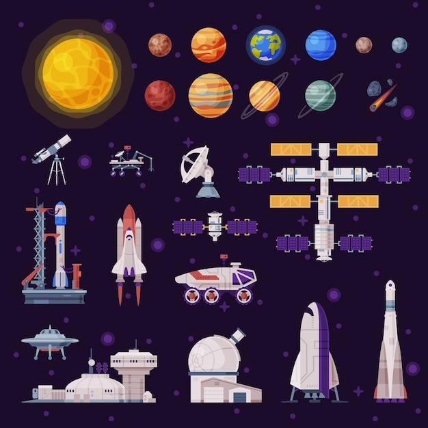 Colección de objetos espaciales Planetas del sistema solar Rocket Shuttle Rover Satélite artificial Industria espacial Ilustración conceptual vectorial