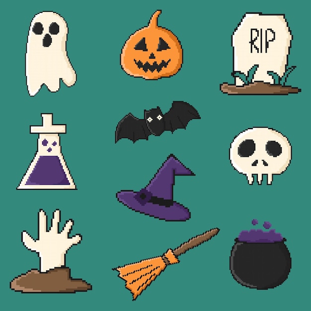 Colección de objetos de Halloween de Pixel Art Cartoon