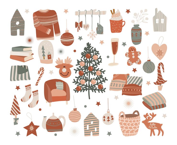 Vector colección de objetos para el hogar de invierno vectoriales en estilo plano escandinavo hygge consept