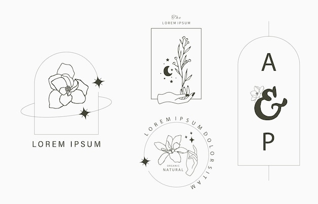Colección de objetos de línea con flor de magnolia rosa lavanda