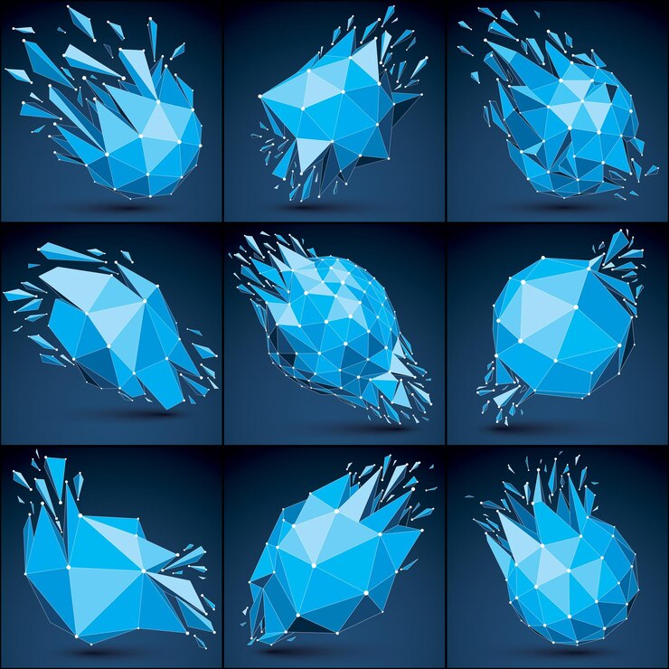 Vector colección de objetos luminiscentes de estructura alámbrica dimensional vectorial con líneas conectadas azules, formas demolidas con refracciones y restos. conjunto de elementos de tecnología global de malla 3d rotos en pedazos.