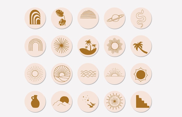 Colección de objetos de la naturaleza con sol, montaña, arco iris para redes sociales, pegatina