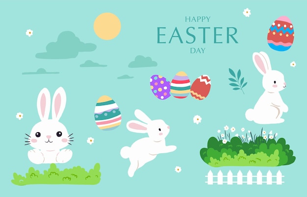 Colección de objetos de Pascua con conejo y huevo en el jardín Ilustración vectorial editable