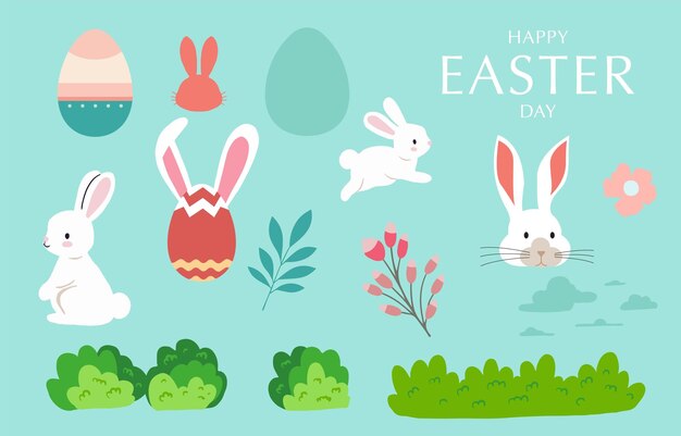 Colección de objetos de Pascua con conejo y huevo en el jardín Ilustración vectorial editable