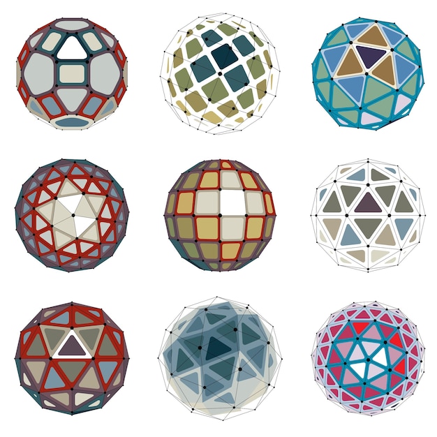 Colección de objetos polivinílicos bajos vectoriales abstractos con líneas y puntos conectados. Conjunto de bolas futuristas con malla de líneas superpuestas y figuras geométricas. Las formas 3D se pueden utilizar en el modelado técnico.