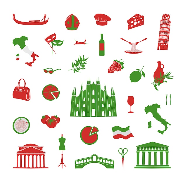 Una colección de objetos relacionados con Italia. Ilustración de vector de monumentos italianos.
