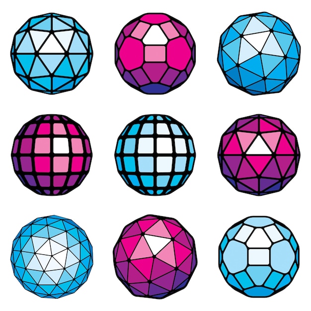 Colección de objetos vectoriales abstractos de baja poli. conjunto de bolas futuristas con figuras geométricas. las formas 3d se pueden utilizar en el modelado técnico.