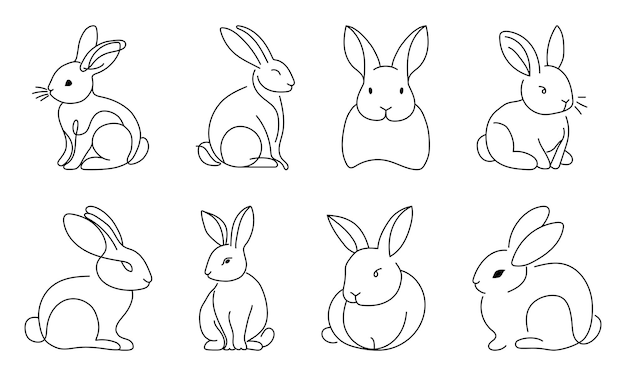 Colección de ocho dibujos minimalistas de líneas de conejo