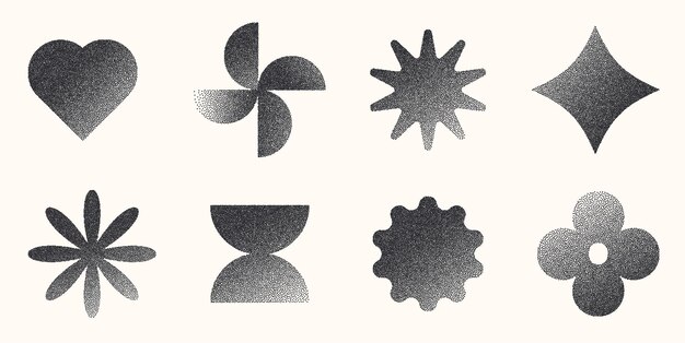 Una colección de ocho formas geométricas creadas con un efecto de punto