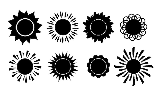 Colección de ocho iconos de sol negro en estilo silueta con diferentes diseños de rayos de sol