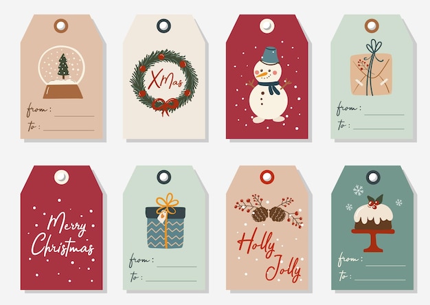 Vector colección de ocho lindas etiquetas de regalo listas para usar de navidad y año nuevo