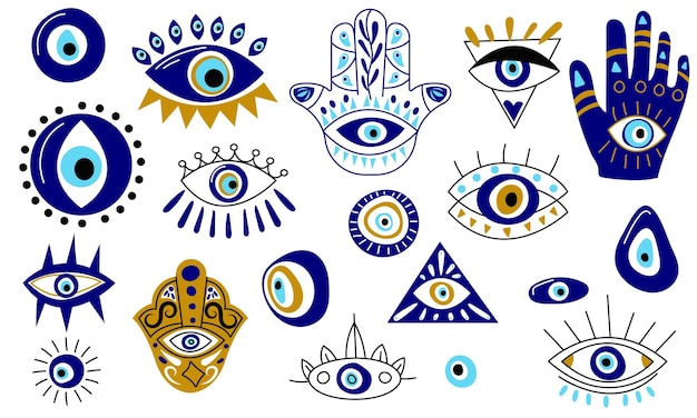 Vector colección de ojos turcos resumen de dibujos animados azul mal de ojo hamsa iconos mágicos fantasía esotérica talismán protección vector conjunto contemporáneo