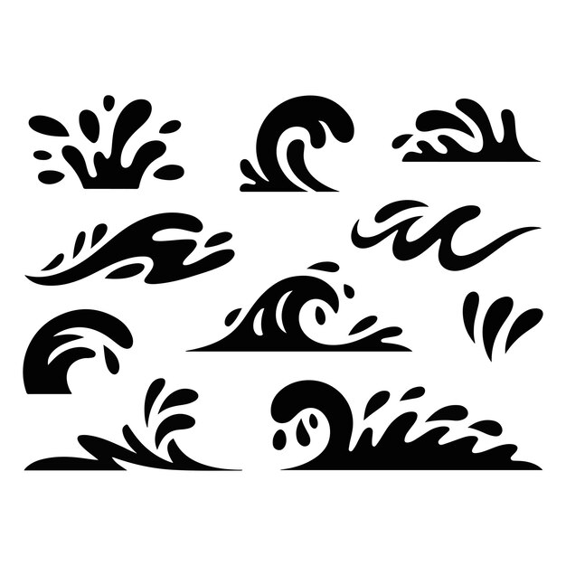 Colección de olas abstractas aisladas en fondo blanco Conjunto de iconos marinos estilizados