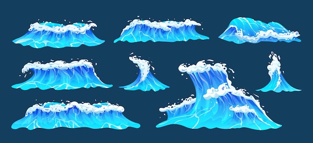 Colección de olas del océano de dibujos animados. Conjunto de olas de mar azul con ilustración de vector de espuma blanca