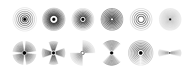 Colección de ondas de sonar negro indicador de detección de señal círculos de monitor de pulso frecuencia de sonido de radar logotipos de detectores de radio señales de objetivo o dolor vectoriales símbolos de señal de radio detectar ilustración